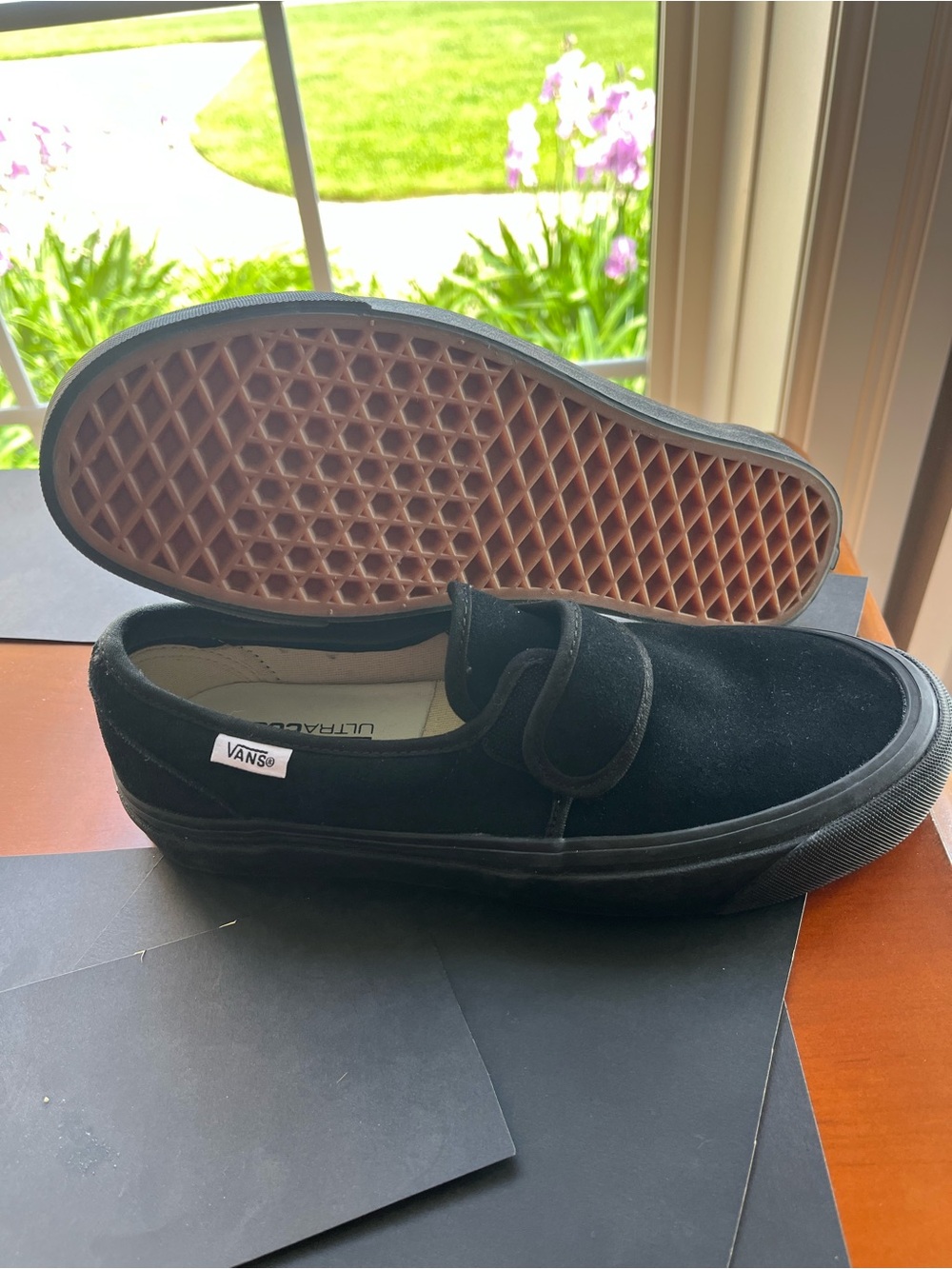 Vans Men’s Black Suede Slip-On Sneakers with Gum Waffle Outsole